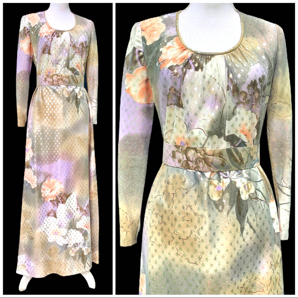 VINTAGE 70’s Belted Floral Maxi Gown Metallic Dot